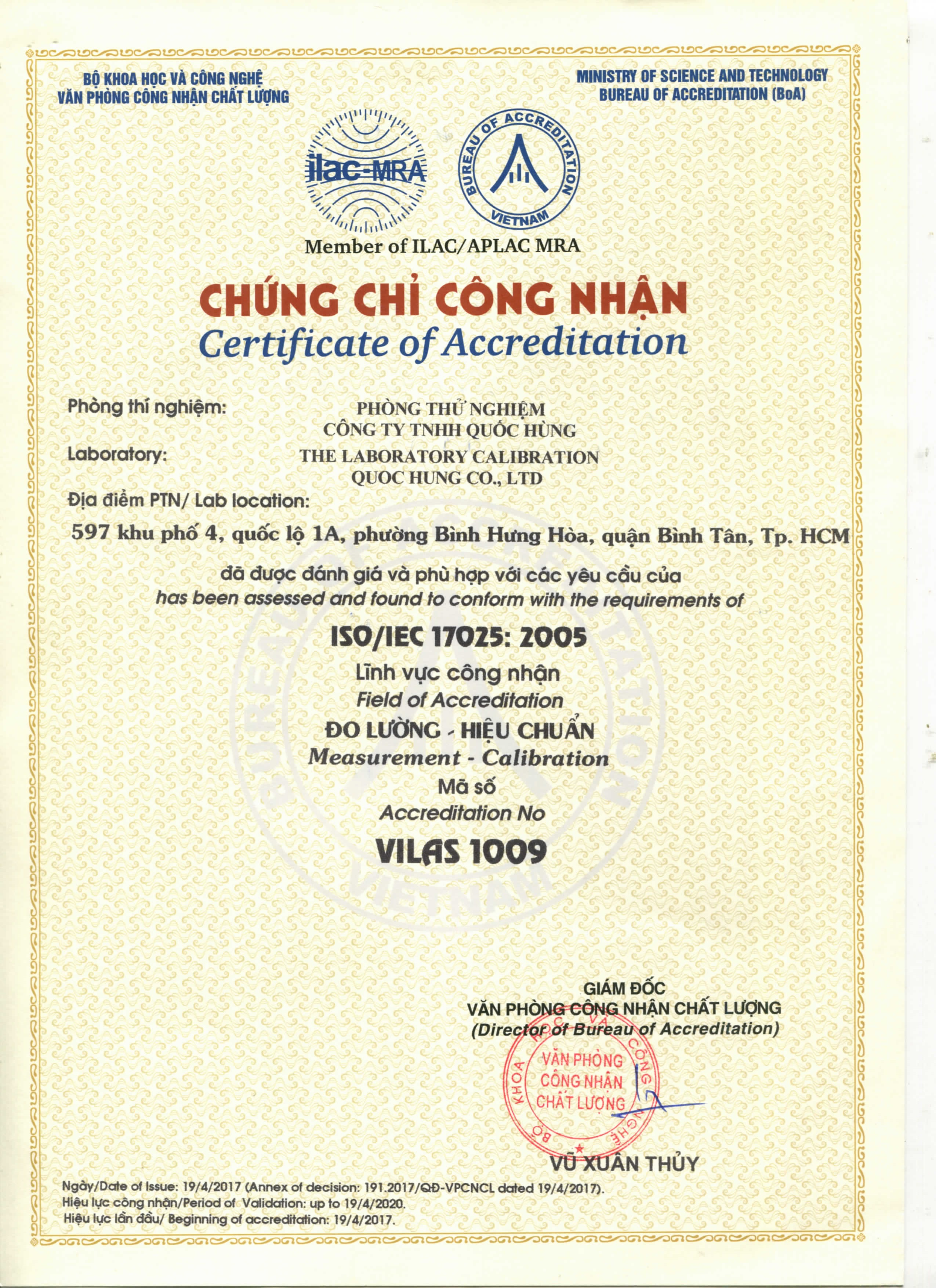 CÂN ĐIỆN TỬ QUỐC HÙNG ĐẠT CHỨNG NHẬN VILAS